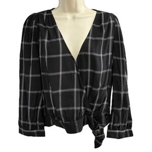 Madewell Black White Windowpane Plaid Wrap Blouse Side Tie Long Sleeve M